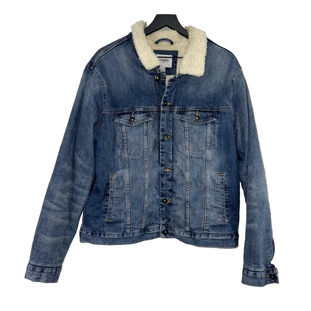 Goodfellow Men's Large Sherpa Denim Trucker Jacket Heavy Warm Casual Winter Blue